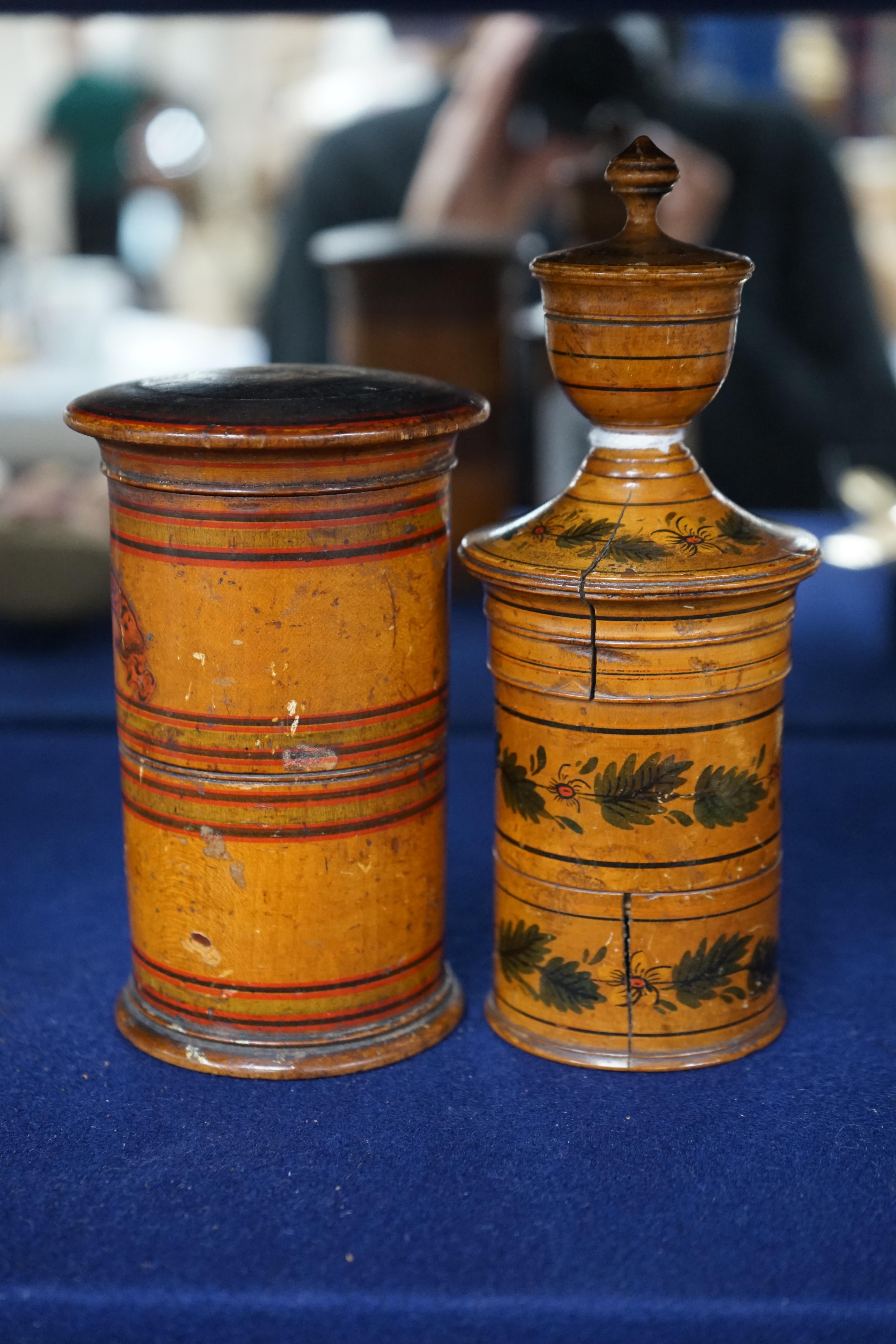 Two 19th century box wood spice towers with painted decoration, tallest 18cm high. Condition - fair, some splits to the wood